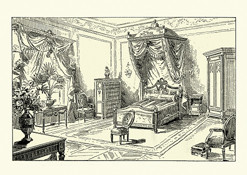 Vintage illustration Late Victorian bedroom décor, canopy bed, furniture, 19th Century