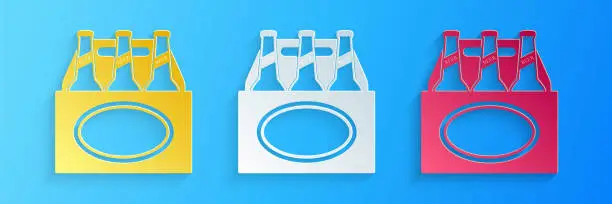 Vector illustration of Paper cut Pack of beer bottles icon isolated on blue background. Case crate beer box sign. Paper art style. Vector