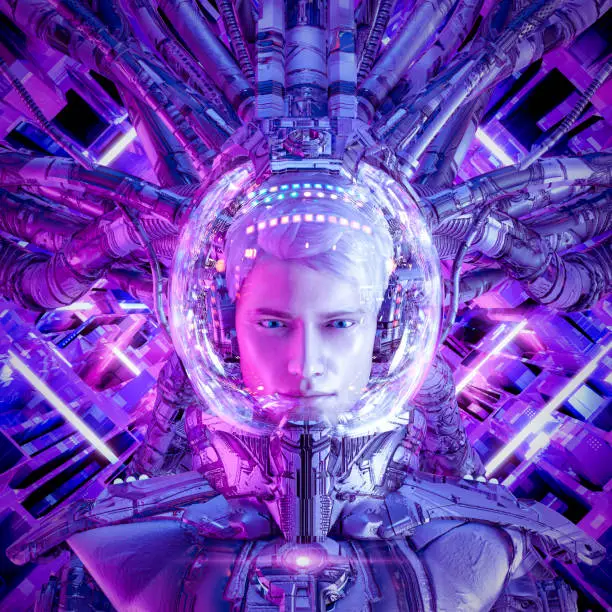 3D illustration of science fiction male futuristic astronaut inside brightly neon lit space ship