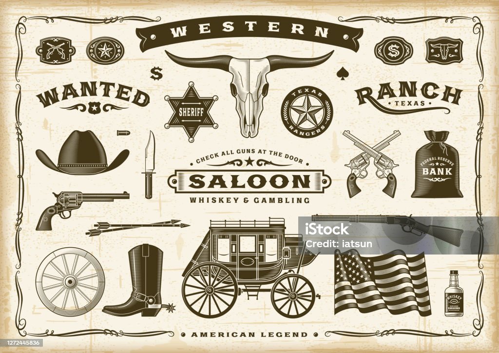 Ilustración de Vintage Old Western Set y más Vectores Libres de Derechos de  El lejano oeste - El lejano oeste, Vaquero, Borde - iStock