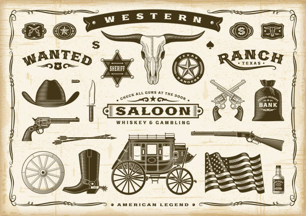 ilustraciones, imágenes clip art, dibujos animados e iconos de stock de vintage old western set - insignia símbolo ilustraciones