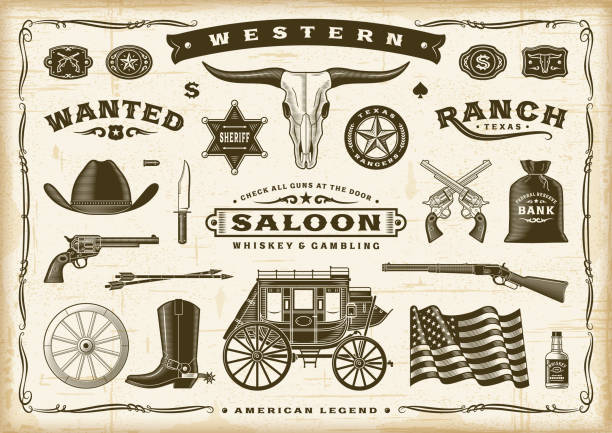 illustrazioni stock, clip art, cartoni animati e icone di tendenza di vintage vecchio western set - rifle gun old wild west