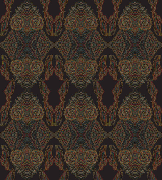 istock Seamless ikat pattern print from colorful contour ethnic geometrical ornaments, art deco stripes on a black background. Wallpaper, wrapping packaging paper, silk shawl, Batik paint 1272448721