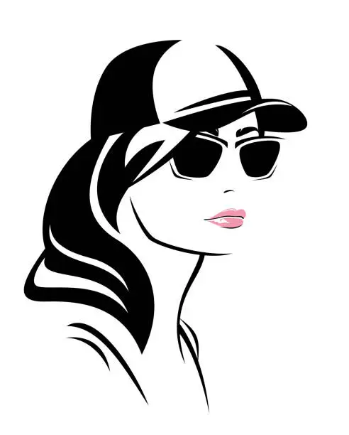 Vector illustration of vector portrait of beautiful woman wearing sunglasses and baseball cap
