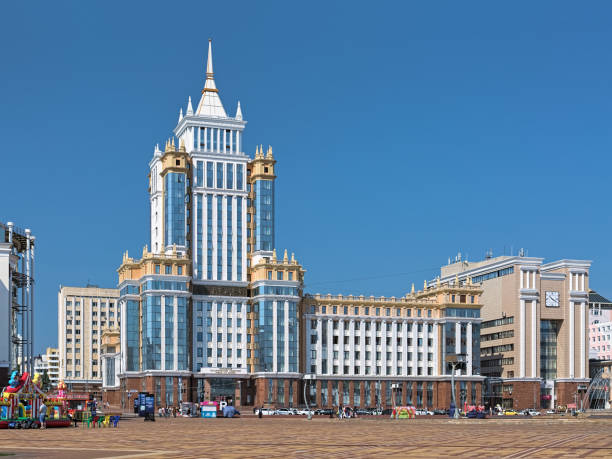 Main building of Mordovian State University in Saransk, Russia Saransk, Russia - August 16, 2018: The main building of Mordovian State University. The 90 meters height 17-storey building with spire was opened on September 15, 2016. It is the tallest building in Saransk. mordovia stock pictures, royalty-free photos & images