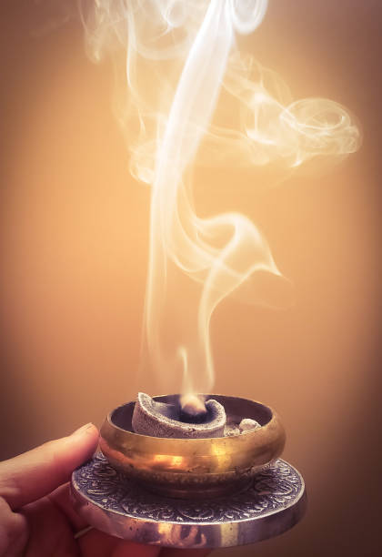 burning frankencense resin and smoke - burning incense imagens e fotografias de stock