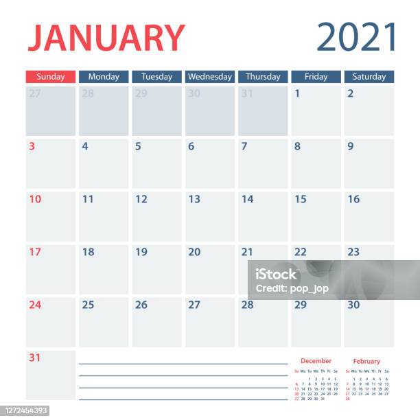 Week Chart January Examples 2021 January Calendar Planner Vector Template Week Starts On Sunday ...