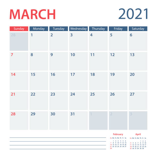 2021 March Calendar Planner Vector Template. Week starts on Sunday 2021 March Calendar Planner Vector Template. Week starts on Sunday wall calendar stock illustrations