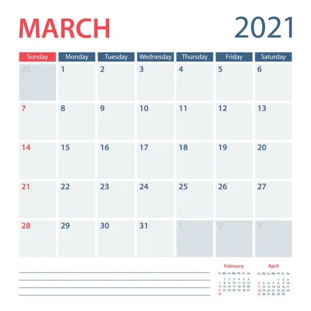 Vector illustration of 2021 March Calendar Planner Vector Template. Week starts on Sunday
