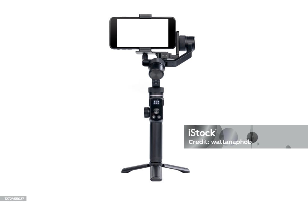 Mobile phone on a stabilizer. Mobile phone is mounted on a 3-axis motor stabilizer for smooth video recording isolated on white background. Tripod Stock Photo