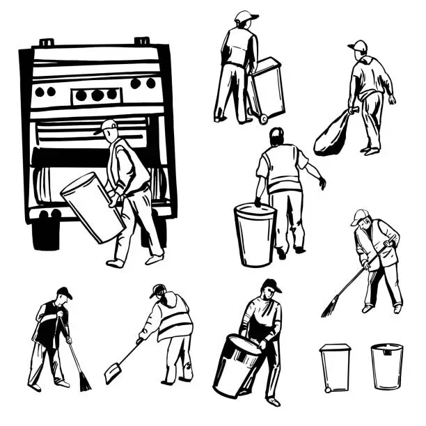 Vector illustration of City street cleaners, sanitation workers.