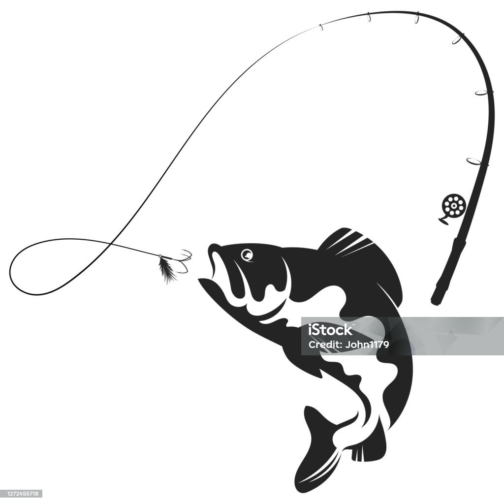 Jumping fish and fishing rod silhouette Fish jumping for bait and fishing rod silhouette Fishing Hook stock vector