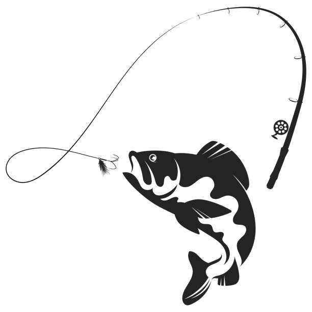 Jumping fish and fishing rod silhouette Fish jumping for bait and fishing rod silhouette fishing hook stock illustrations
