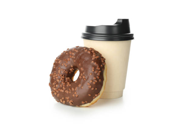 istock Paper cup and donut isolated on white background 1272456293