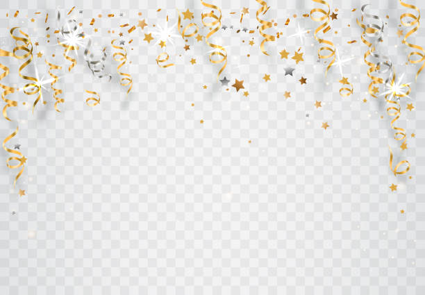 Golden Tiny Confetti and Streamer Ribbon Falling on Transparent Background. Vector, illustration, eps10. vector art illustration