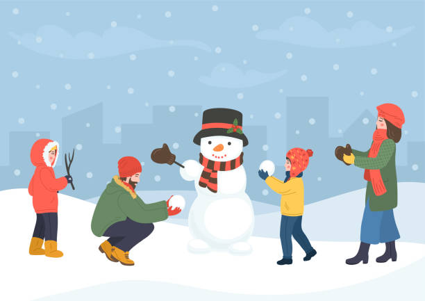 ilustrações de stock, clip art, desenhos animados e ícones de family making a snowman - winter men joy leisure activity
