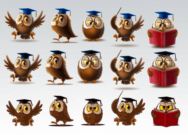 학교에 다시 졸업 모자와 올빼미 - text animal owl icon set stock illustrations
