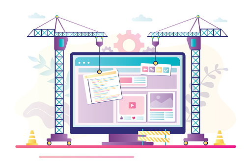 Industrial cranes builds web page. Concept of automatization, website builder and development. Artificial Intelligence create site design. New internet technology. Trendy flat vector illustration