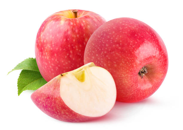 istock Two whole pink apples and a slice isolated on white 1272460441