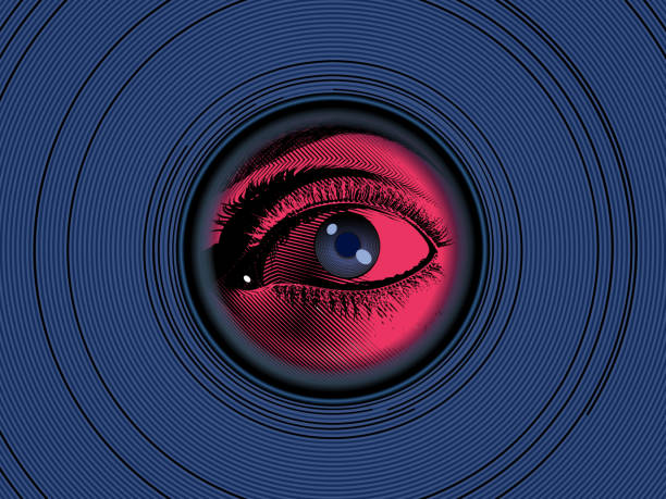 illustrations, cliparts, dessins animés et icônes de regard humain de dessin de cru à travers le judas sur le cercle bleu bg - keyhole peeking human eye curiosity