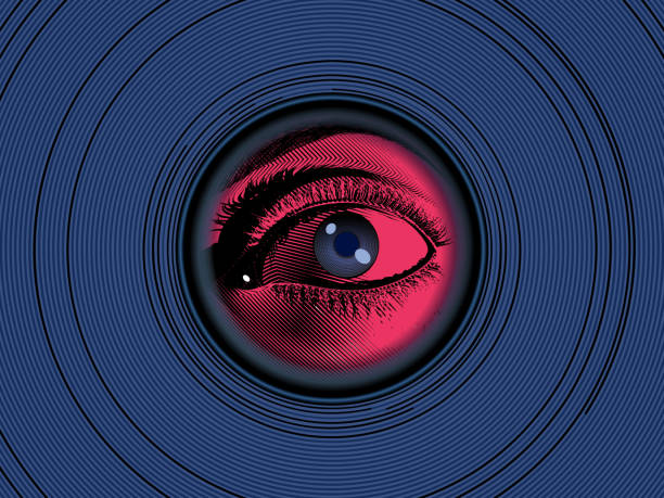 ilustrações, clipart, desenhos animados e ícones de desenho vintage olhar humano através de olho mágico no círculo azul bg - keyhole peeking human eye curiosity