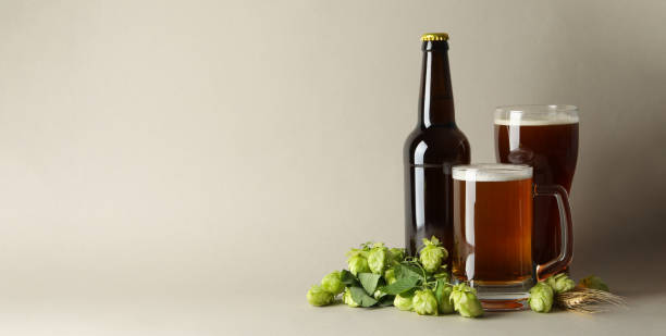 istock Beer and green hop on gray background 1272461694