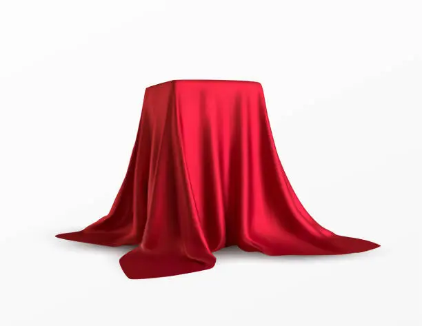 Vector illustration of Realistic box covered with red silk cloth. Isolated on white background. Satin fabric wave texture material. Textile design, fabric. Vector illustration