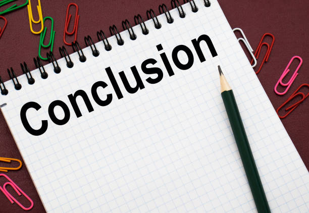 Design concept - Top view of white spiral notebook and pencil with text Conclusion isolated on red background for mockup