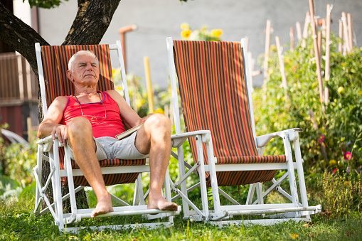 Elegant deckchairs placed neatly on the green grass isolated