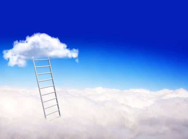 istock Horizontal banner with stair and clouds on blue sky background 1272465632