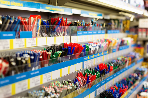 Colorful bright  quality pen shelves in office supply store