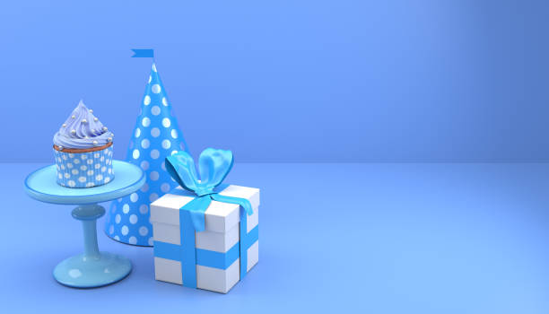 composición con cupcake de cumpleaños y caja de regalo - ribbon nobody cupcake celebration fotografías e imágenes de stock