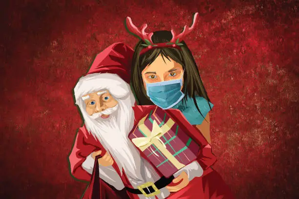 Vector illustration of Celebrating Christmas and New Year during coronavirus pandemic. Little girl hugging Santa