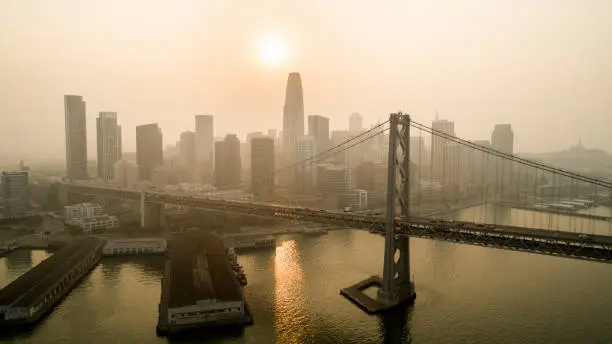 Aerial stock photos of the San Francisco Bay Area with unhealthy smoke filled skies from many wildfires across the state.