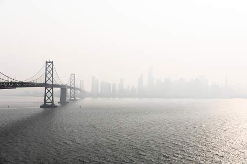 Aerial stock photos of the San Francisco Bay Area with unhealthy smoke filled skies from many wildfires across the state.