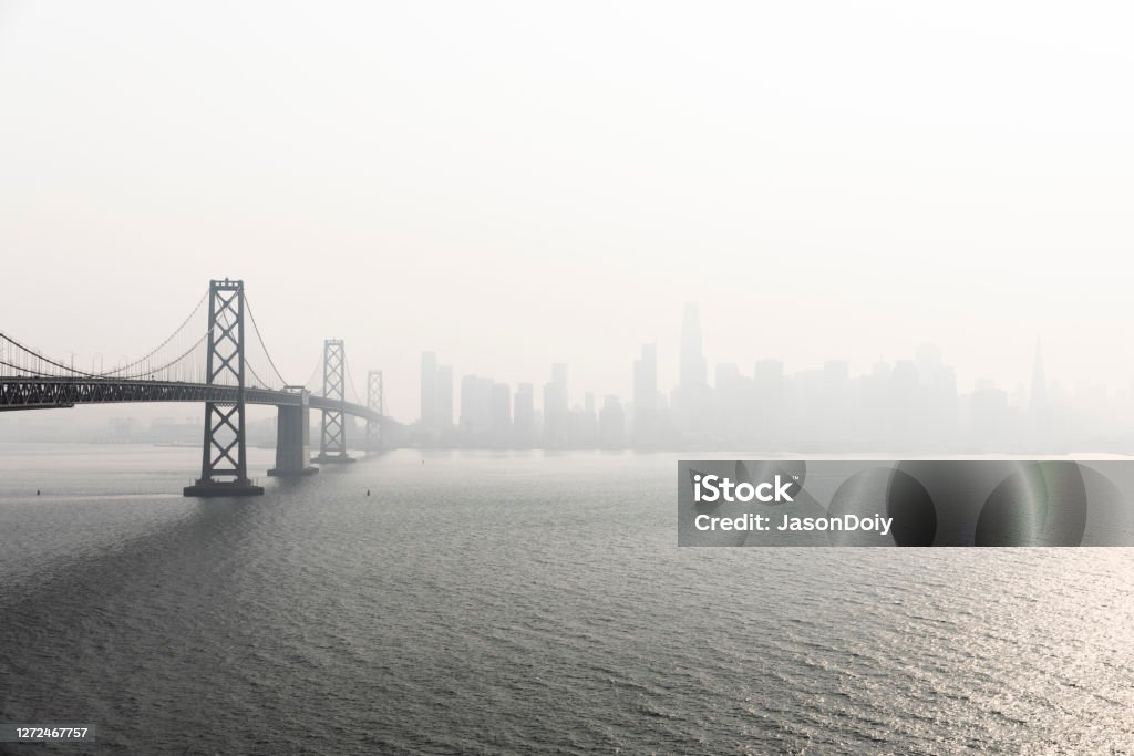 San Francisco Bay Area Air Quality Aerial stock photos of the San Francisco Bay Area with unhealthy smoke filled skies from many wildfires across the state. San Francisco - California Stock Photo