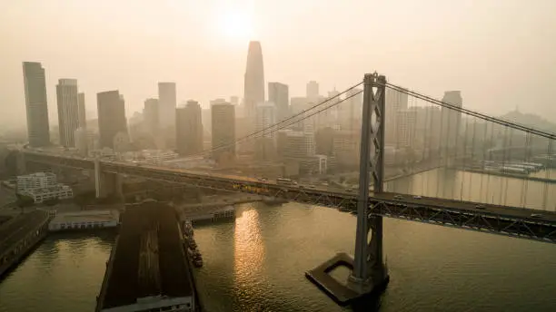 Aerial stock photos of the San Francisco Bay Area with unhealthy smoke filled skies from many wildfires across the state.
