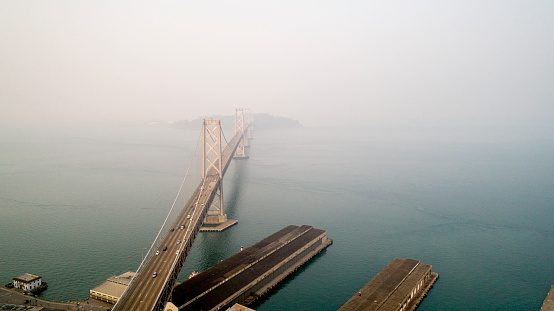 Aerial stock photos of the San Francisco Bay Area with unhealthy smoke filled skies from many wildfires across the state.