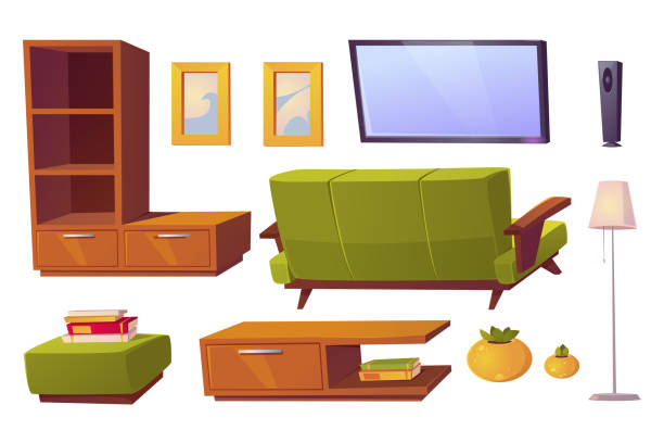 sofa wektorowa, telewizor i półki na książki do salonu - horizontal illustration and painting wall speaker stock illustrations