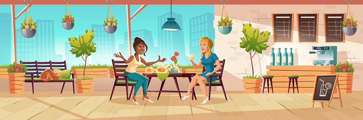 Girls seating on cafe terrace or balcony with wooden bar counter and plants. Vector cartoon interior of coffee shop patio with tables, chairs and bench with sleeping cat. Women drink tea and talking