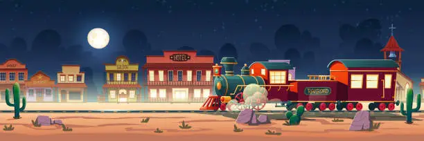 Vector illustration of Wild west steam train at night western town vector