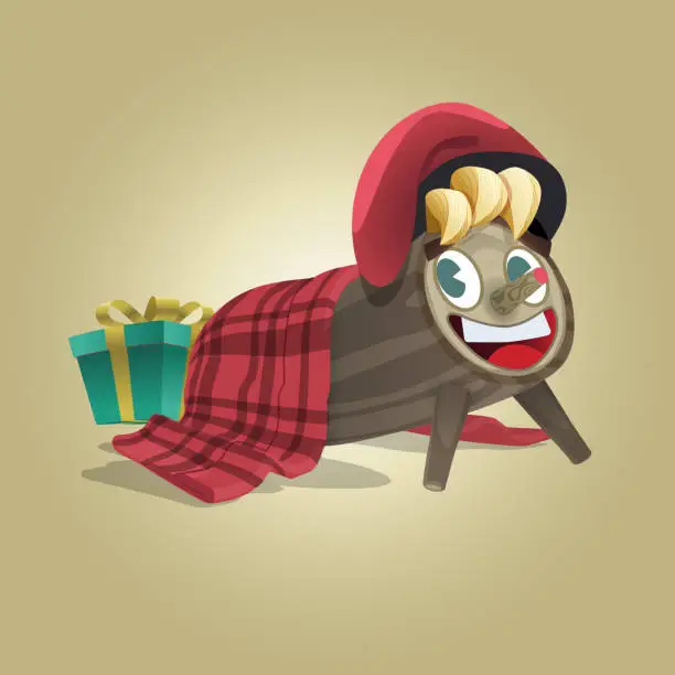 Vector illustration of Tió de nadal funny character wear a traditional red hat from Catalunya Spain