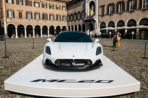 Modena, Italy - September, 2020. The new Maserati MC20 supercar, presented in world premiere in Modena. The car is the evolution of the multi-victorious MC12 and celebrates Maserati's return to racing