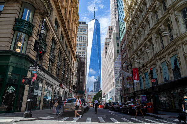 Nassau Street in New York City New York, New York - USA – August 23, 2020: Construction on Fulton Street at Nassau Street just down the street from the World Trade Center site. nassau street stock pictures, royalty-free photos & images