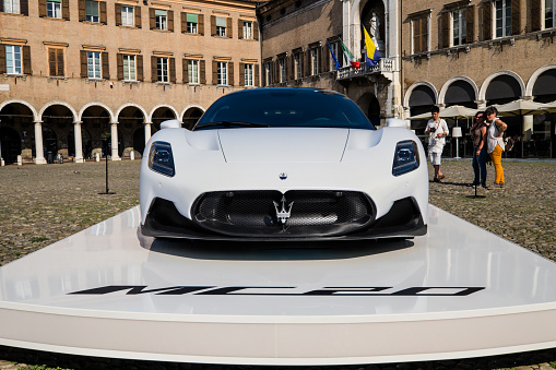 Modena, Italy - September, 2020. The new Maserati MC20 supercar, presented in world premiere in Modena. The car is the evolution of the multi-victorious MC12 and celebrates Maserati's return to racing