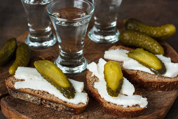 Lard with bread, salty cucumber and vodka. Ukrainian  and Russian traditional cuisine