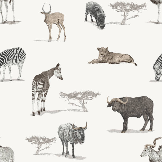savannah zwierzęta afrykańskie bezszwowy wzór powtarzania - grupa zwierząt ilustracje stock illustrations