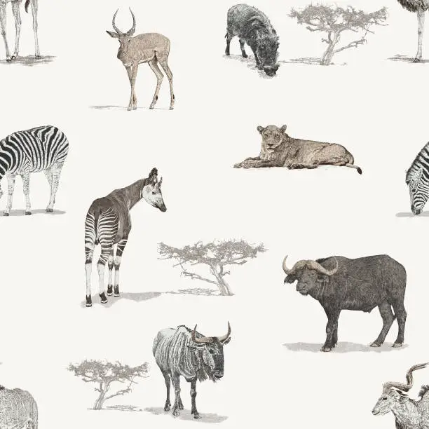 Vector illustration of Savannah African Animals Seamless Repeat Pattern