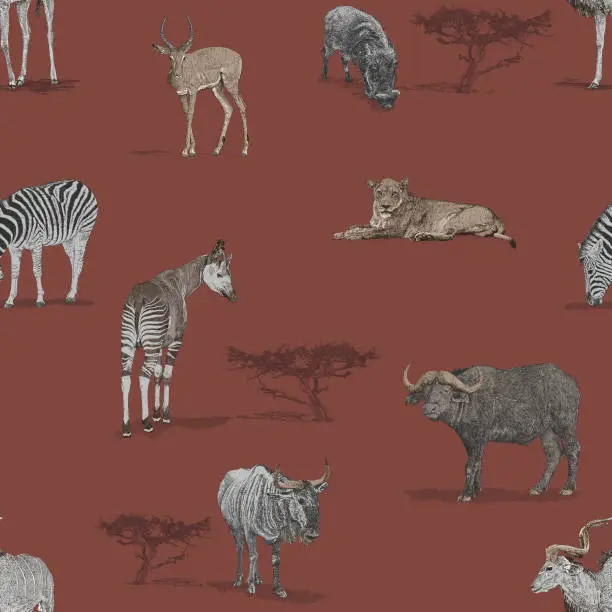 Vector illustration of African Savannah animals Seamless Repeat