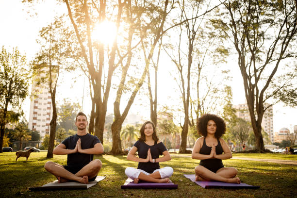 yoga ao ar livre - yoga exercising outdoors group of people - fotografias e filmes do acervo